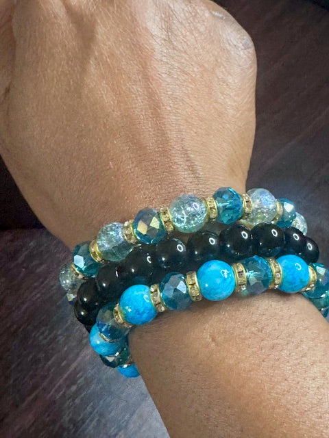 Evil Eye Protection Statement Necklace (Black & Turquoise) & Crystal Stack Bracelets