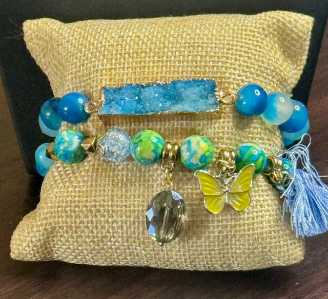 Evil Eye Protection Statement Necklace (Turquoise) & Crystal Stack Bracelet Set
