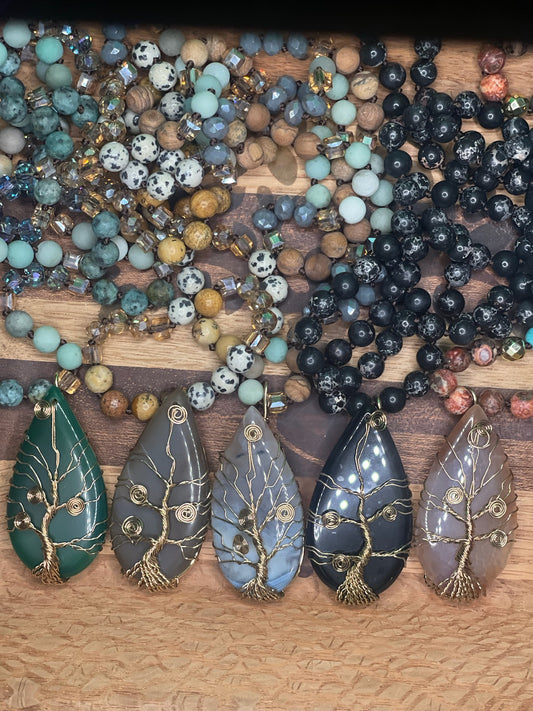 Natural Stones /Glass Crystal Knotted TOL Semi Precious Pendant Bohemian Necklace