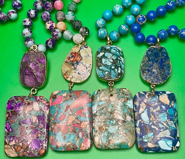 Bohemian Knotted Square Multistone Stone Necklace