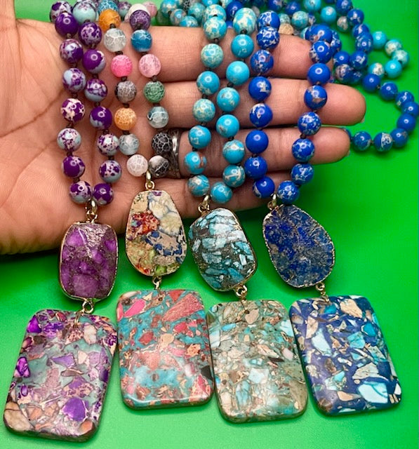 Bohemian Knotted Square Multistone Stone Necklace