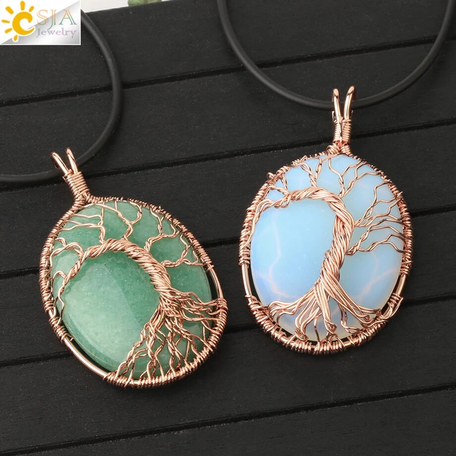 Natural Stone Oval Cabochons Wrapped Affirming Tree Necklace