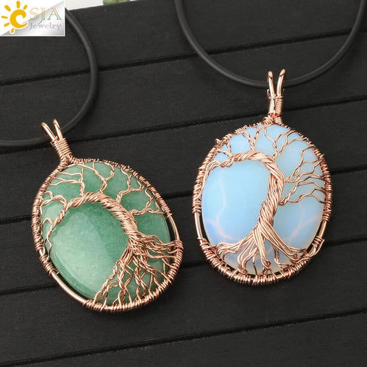 Natural Stone Oval Cabochons Wrapped Affirming Tree Necklace