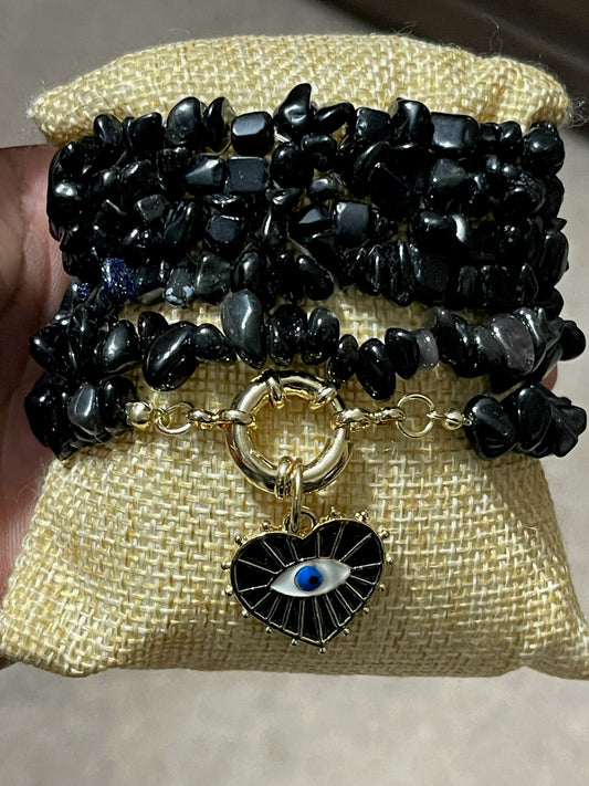 Obsidian Evil Eye of Protection Necklace and Bracelet Set
