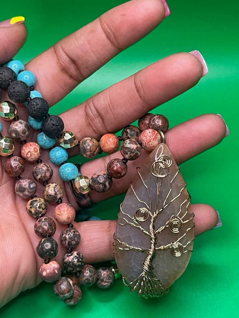 Natural Stones /Glass Crystal Knotted TOL Semi Precious Pendant Bohemian Necklace