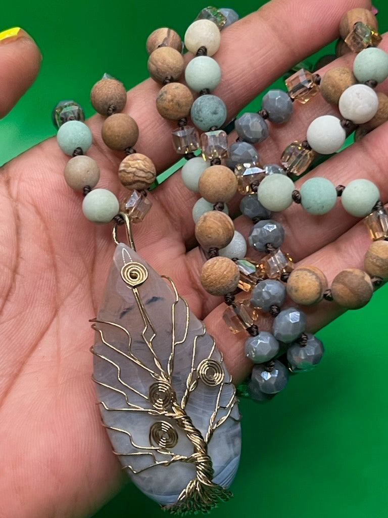 Natural Stones /Glass Crystal Knotted TOL Semi Precious Pendant Bohemian Necklace