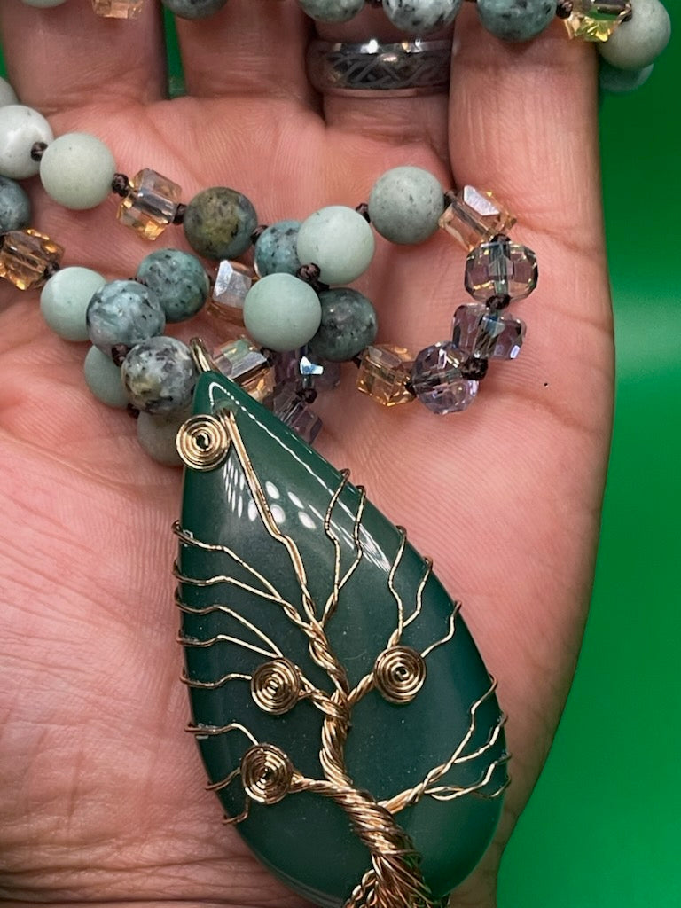 Natural Stones /Glass Crystal Knotted TOL Semi Precious Pendant Bohemian Necklace