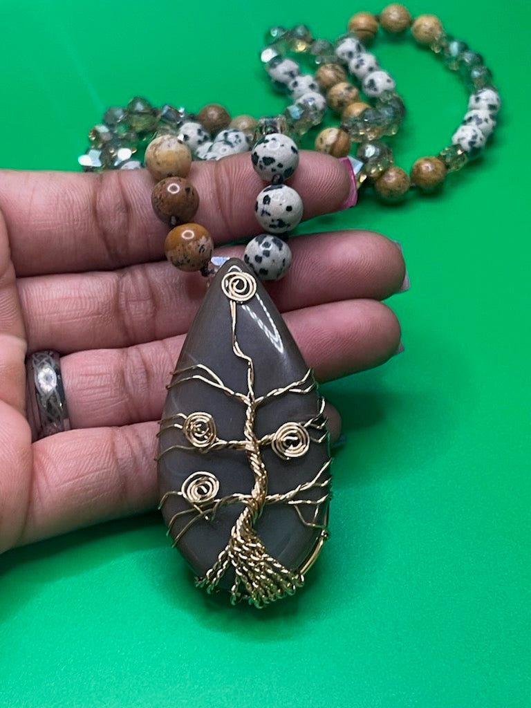 Natural Stones /Glass Crystal Knotted TOL Semi Precious Pendant Bohemian Necklace