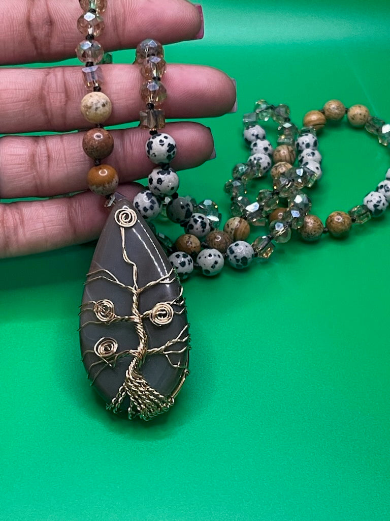 Natural Stones /Glass Crystal Knotted TOL Semi Precious Pendant Bohemian Necklace