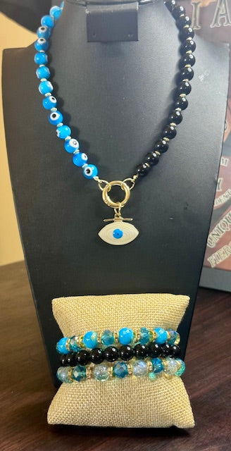 Evil Eye Protection Statement Necklace (Black & Turquoise) & Crystal Stack Bracelets