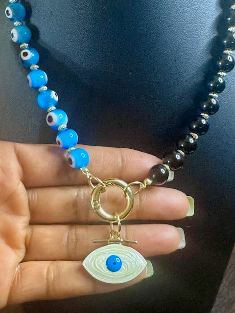Evil Eye Protection Statement Necklace (Black & Turquoise) & Crystal Stack Bracelets