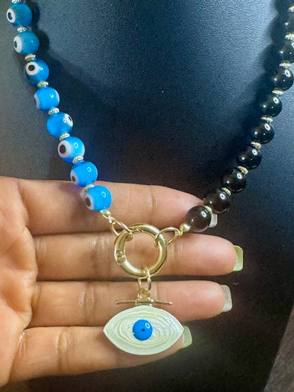 Evil Eye Protection Statement Necklace (Black & Turquoise) & Crystal Stack Bracelets