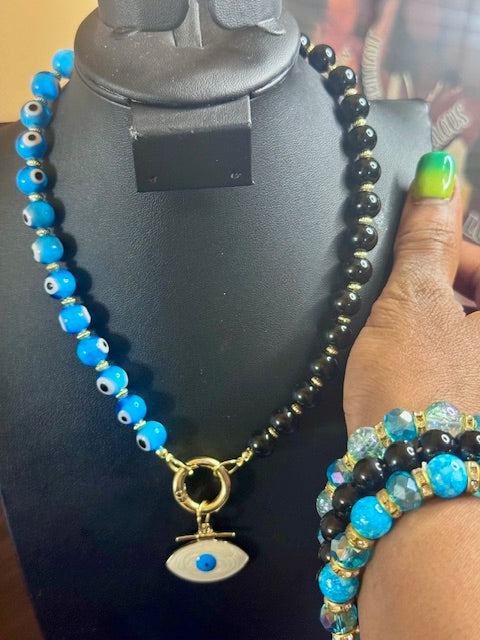 Evil Eye Protection Statement Necklace (Black & Turquoise) & Crystal Stack Bracelets