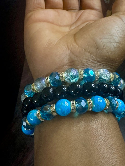 Evil Eye Protection Statement Necklace (Black & Turquoise) & Crystal Stack Bracelets