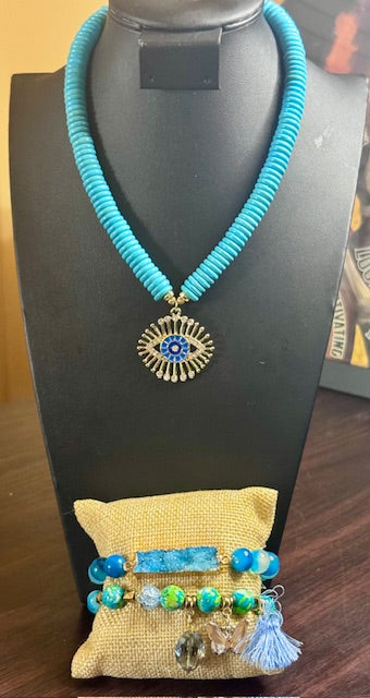 Evil Eye Protection Statement Necklace (Turquoise) & Crystal Stack Bracelet Set