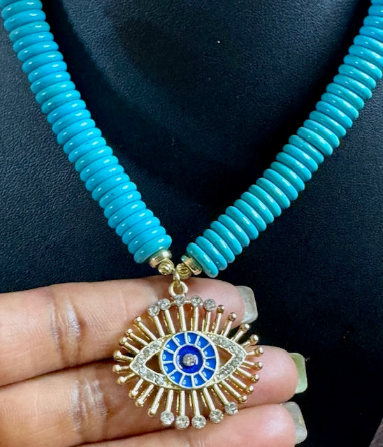 Evil Eye Protection Statement Necklace (Turquoise) & Crystal Stack Bracelet Set