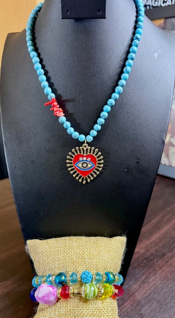 Sacred Heart Evil Eye Necklace & Bracelet Set