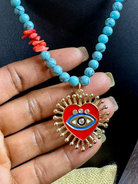 Sacred Heart Evil Eye Necklace & Bracelet Set