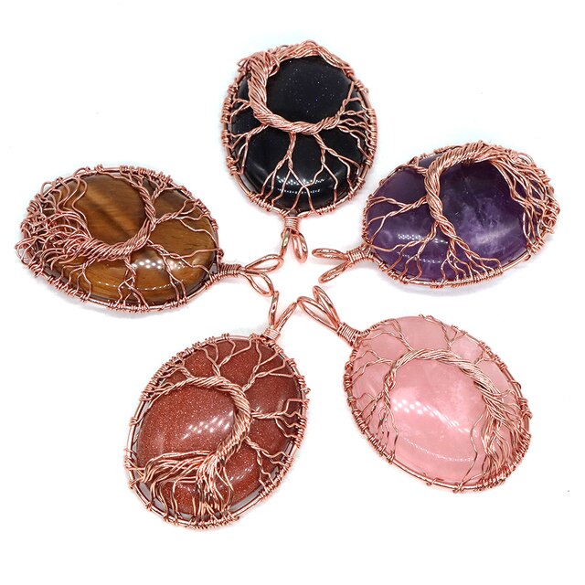 Natural Stone Oval Cabochons Wrapped Affirming Tree Necklace