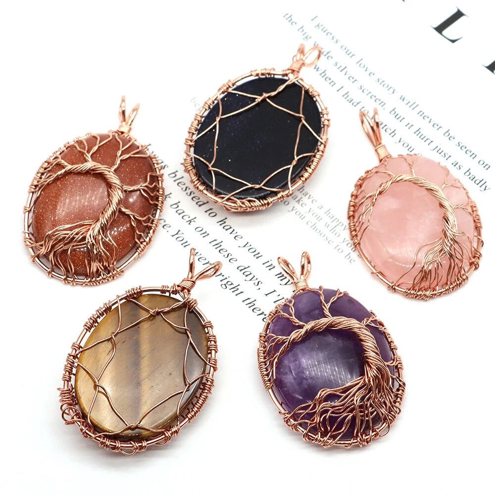 Natural Stone Oval Cabochons Wrapped Affirming Tree Necklace