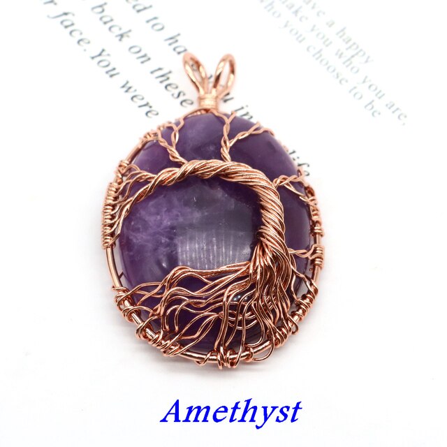 Natural Stone Oval Cabochons Wrapped Affirming Tree Necklace