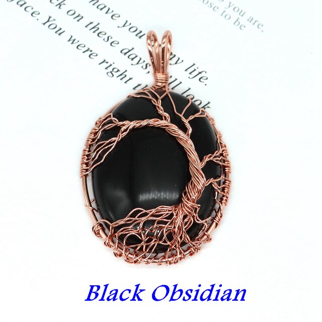 Natural Stone Oval Cabochons Wrapped Affirming Tree Necklace