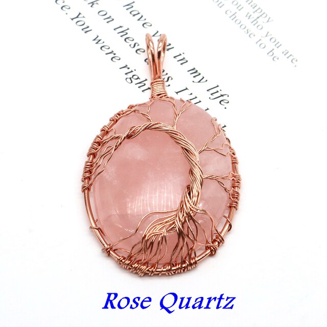 Natural Stone Oval Cabochons Wrapped Affirming Tree Necklace