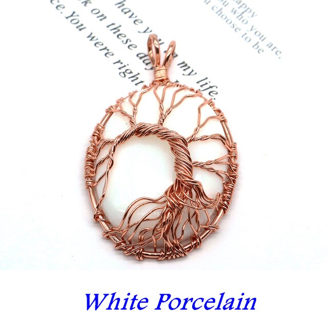 Natural Stone Oval Cabochons Wrapped Affirming Tree Necklace