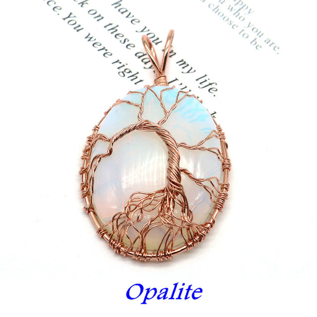 Natural Stone Oval Cabochons Wrapped Affirming Tree Necklace